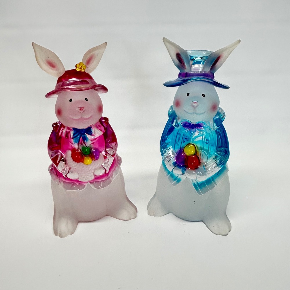 Vintage Acrylic Lucite Easter Bunny Rabbit Figurines Pink Blue Pair 8"